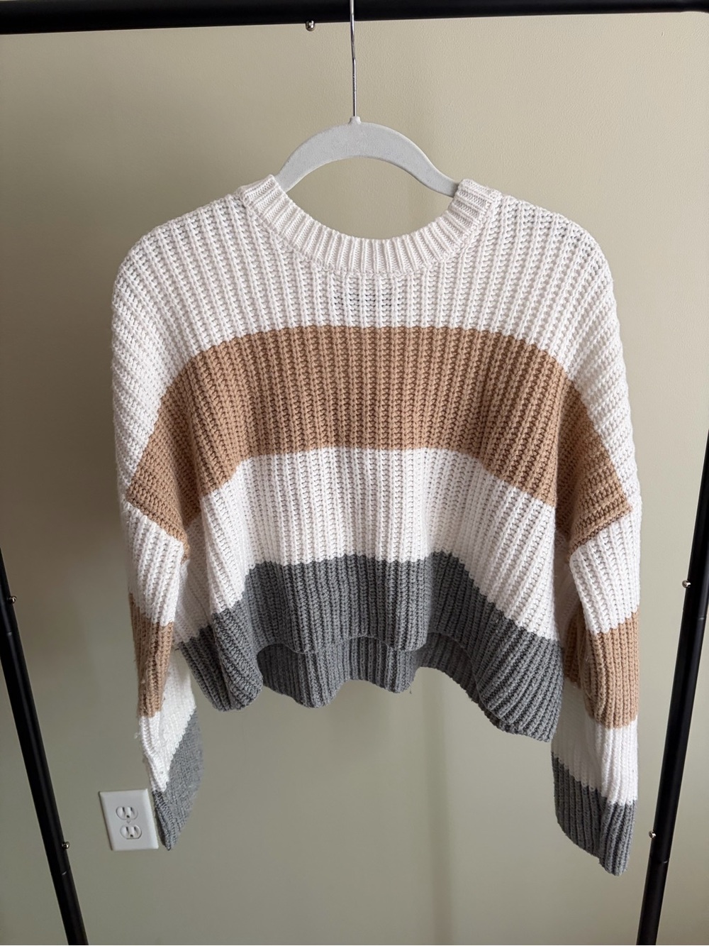 moon & madison Striped Crewneck Sweater in White, Tan & Gray